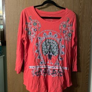 Lucky Brand orange and green peacock long sleeve blouse